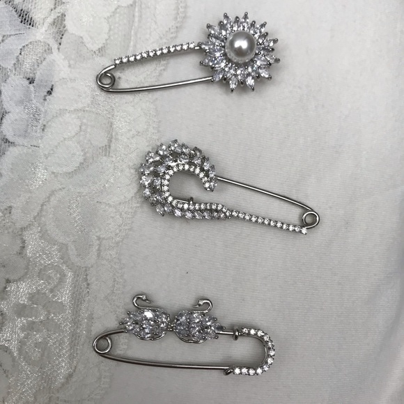 Jewelry - Bling! Clear Cubic Zirconia Three Large Safety Pin Brooches